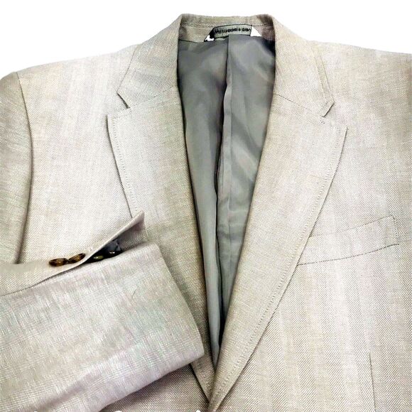 Perry Ellis Sport Coat Surgeon Cuff Linen Beige 38 39 Blazer Cotton Preppy Y2K - Picture 1 of 12